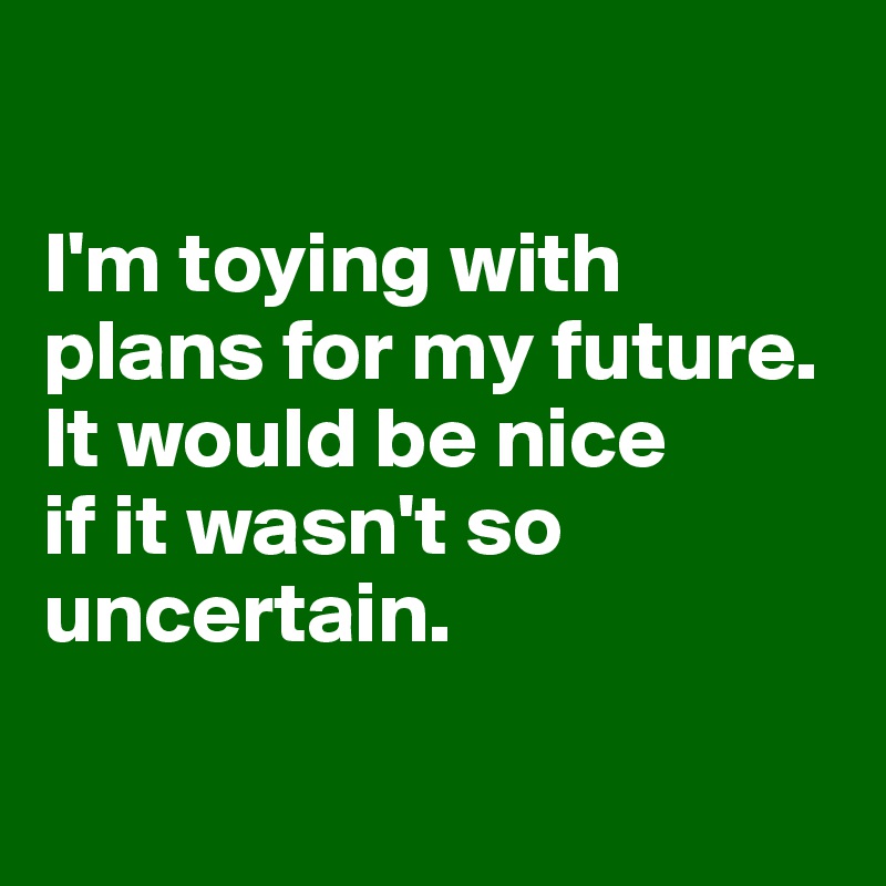 

I'm toying with plans for my future.
It would be nice 
if it wasn't so uncertain.


