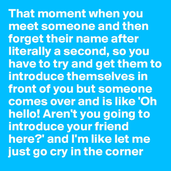 That moment when you meet someone and then forget their name after literally a second, so you have to try and get them to introduce themselves in front of you but someone comes over and is like 'Oh hello! Aren't you going to introduce your friend here?' and I'm like let me just go cry in the corner