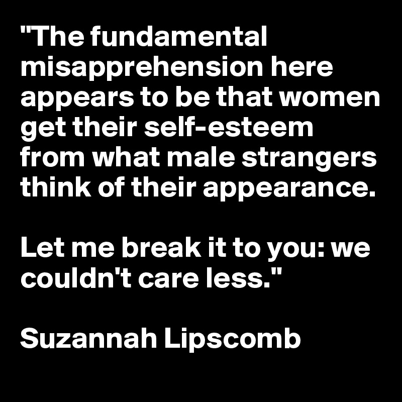 "The fundamental misapprehension here appears to be that women get their self-esteem from what male strangers think of their appearance. 

Let me break it to you: we couldn't care less."

Suzannah Lipscomb