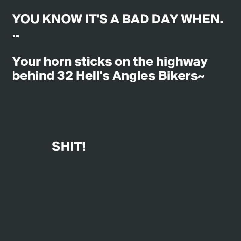 YOU KNOW IT'S A BAD DAY WHEN. ..

Your horn sticks on the highway behind 32 Hell's Angles Bikers~


                   

               SHIT!              





