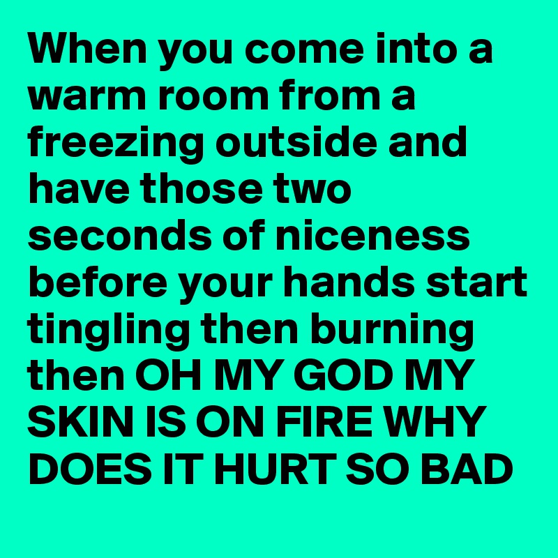 When you come into a warm room from a freezing outside and have those two seconds of niceness before your hands start tingling then burning then OH MY GOD MY SKIN IS ON FIRE WHY DOES IT HURT SO BAD 