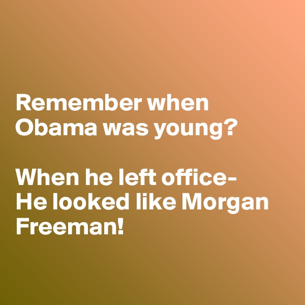 


Remember when Obama was young?

When he left office-
He looked like Morgan Freeman!

