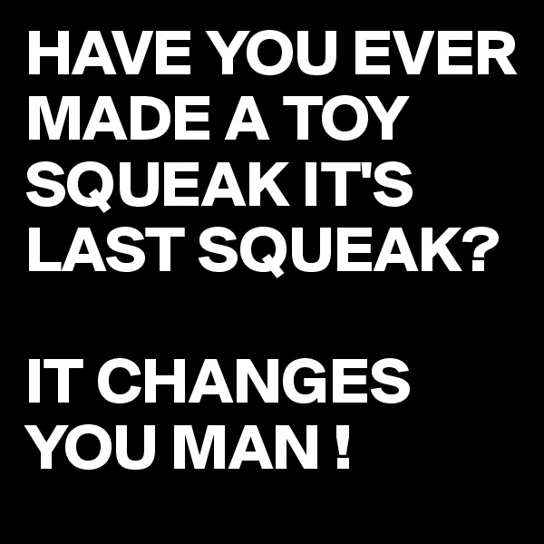 HAVE YOU EVER MADE A TOY SQUEAK IT'S LAST SQUEAK?

IT CHANGES YOU MAN !