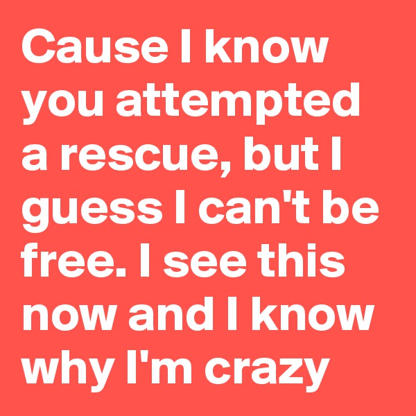 Cause I know you attempted a rescue, but I guess I can't be free. I see this now and I know why I'm crazy