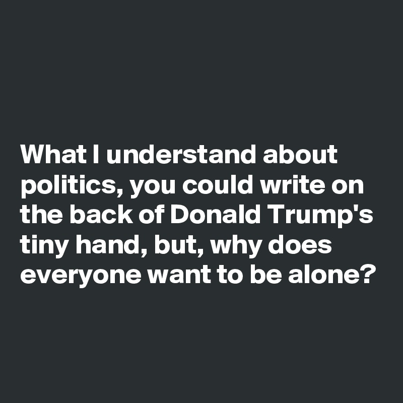 



What I understand about politics, you could write on the back of Donald Trump's tiny hand, but, why does everyone want to be alone? 


