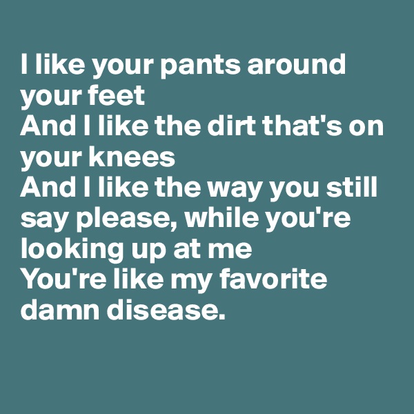 
I like your pants around your feet
And I like the dirt that's on your knees
And I like the way you still say please, while you're looking up at me
You're like my favorite damn disease.

