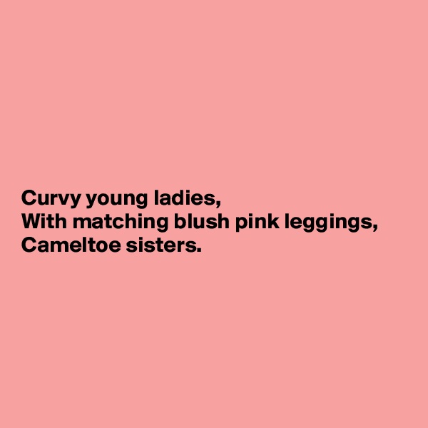 






Curvy young ladies,
With matching blush pink leggings,
Cameltoe sisters.






