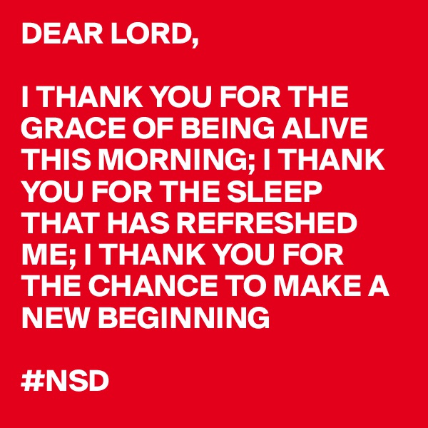 DEAR LORD, 

I THANK YOU FOR THE GRACE OF BEING ALIVE THIS MORNING; I THANK YOU FOR THE SLEEP THAT HAS REFRESHED ME; I THANK YOU FOR THE CHANCE TO MAKE A NEW BEGINNING

#NSD