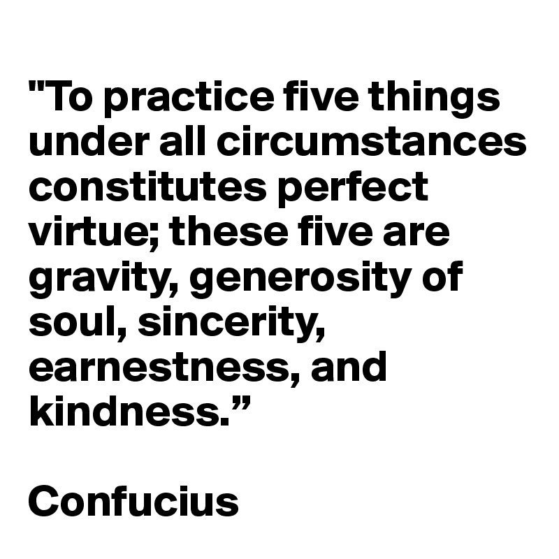
"To practice five things under all circumstances constitutes perfect virtue; these five are gravity, generosity of soul, sincerity, earnestness, and kindness.”

Confucius