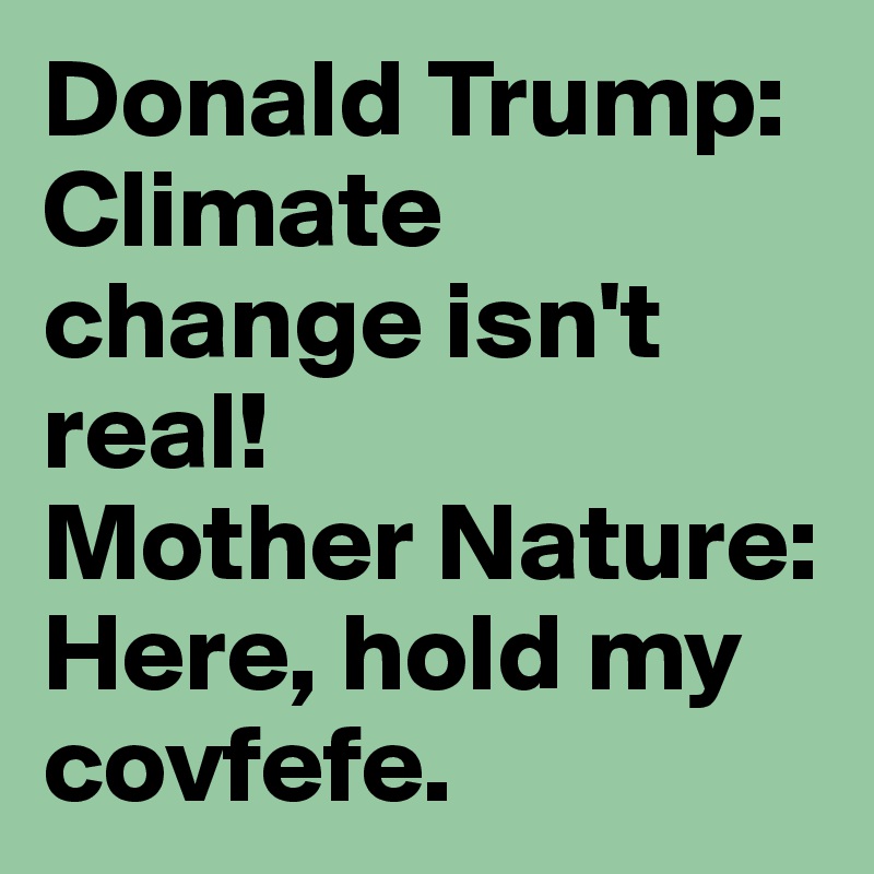 Donald Trump: Climate change isn't real!
Mother Nature: Here, hold my covfefe.