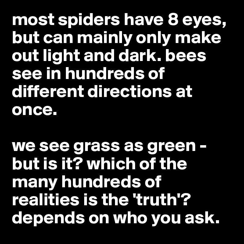 most spiders have 8 eyes, but can mainly only make out light and dark. bees see in hundreds of different directions at once.

we see grass as green - but is it? which of the many hundreds of realities is the 'truth'?
depends on who you ask. 