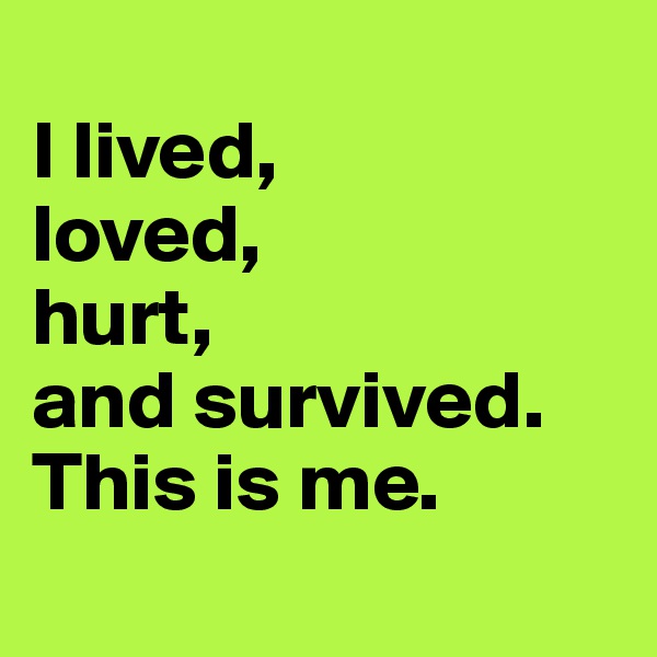 
I lived,
loved,
hurt,
and survived.
This is me.
