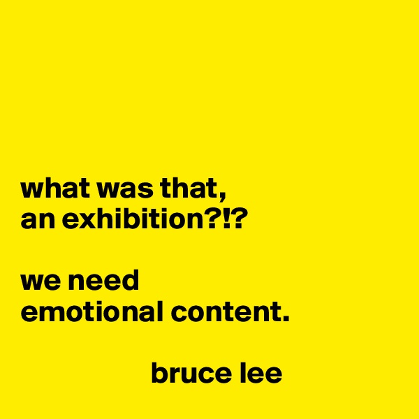 




what was that, 
an exhibition?!?

we need 
emotional content.

                     bruce lee