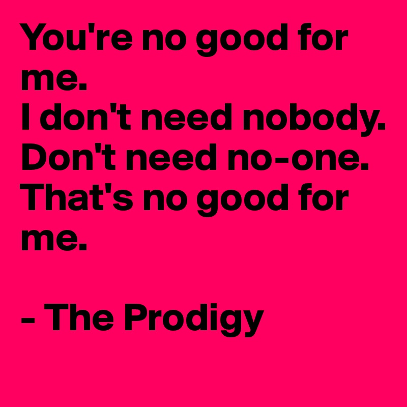 You're no good for me.
I don't need nobody. 
Don't need no-one. 
That's no good for me.

- The Prodigy 