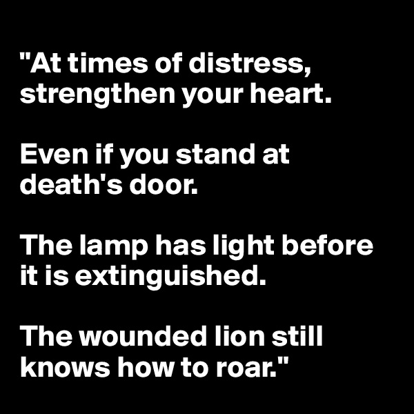 
"At times of distress, strengthen your heart.

Even if you stand at death's door.

The lamp has light before it is extinguished.

The wounded lion still knows how to roar."