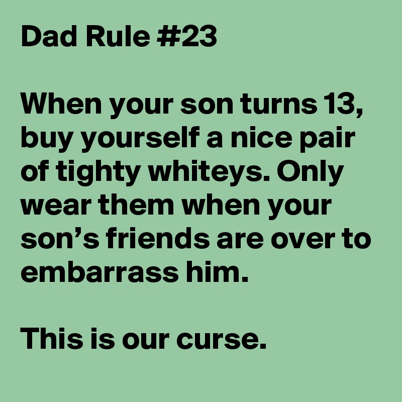 Dad Rule #23

When your son turns 13, buy yourself a nice pair of tighty whiteys. Only wear them when your son’s friends are over to embarrass him.

This is our curse.