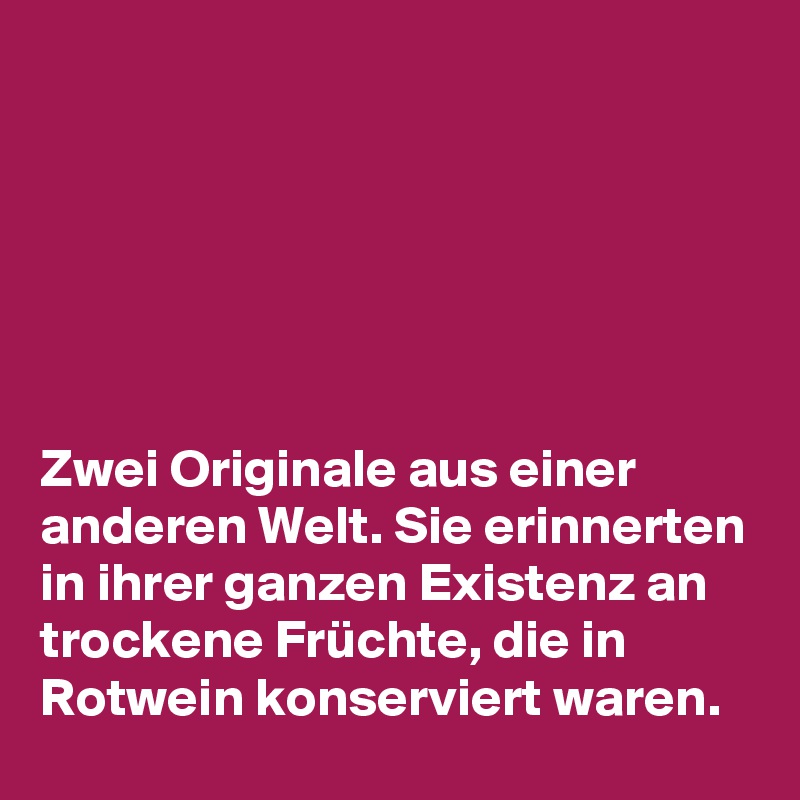 






Zwei Originale aus einer anderen Welt. Sie erinnerten in ihrer ganzen Existenz an trockene Früchte, die in Rotwein konserviert waren.