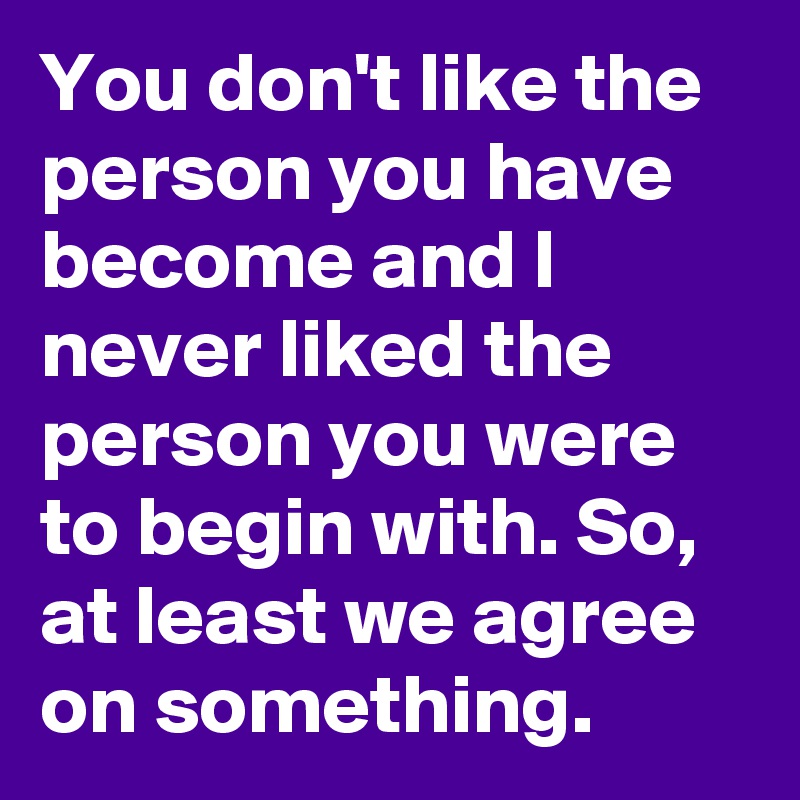 You don't like the person you have become and I never liked the person you were to begin with. So, at least we agree on something.