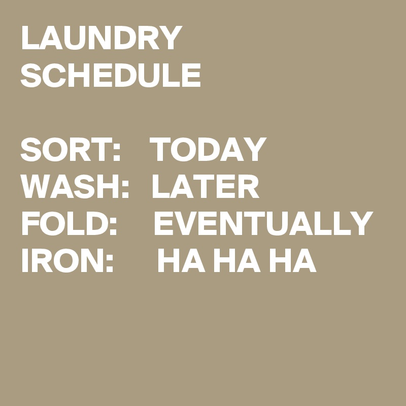 LAUNDRY
SCHEDULE

SORT:    TODAY
WASH:   LATER
FOLD:     EVENTUALLY IRON:      HA HA HA

