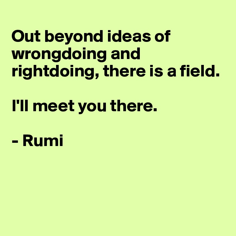 
Out beyond ideas of wrongdoing and rightdoing, there is a field. 

I'll meet you there. 

- Rumi
                    
                

