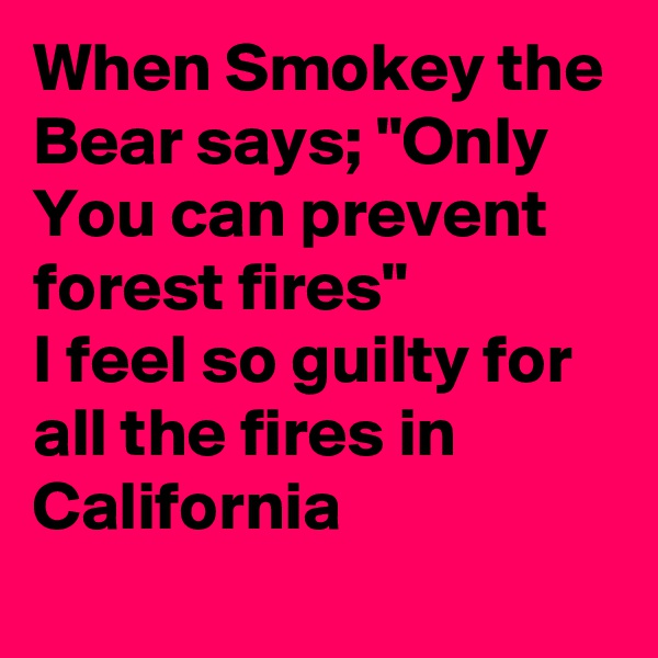 When Smokey the Bear says; "Only You can prevent forest fires" 
I feel so guilty for all the fires in California 
