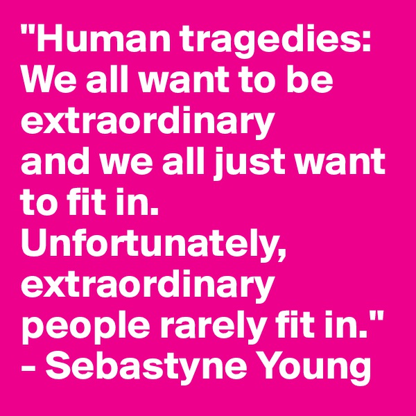 "Human tragedies:
We all want to be extraordinary
and we all just want to fit in.
Unfortunately, extraordinary people rarely fit in."
- Sebastyne Young