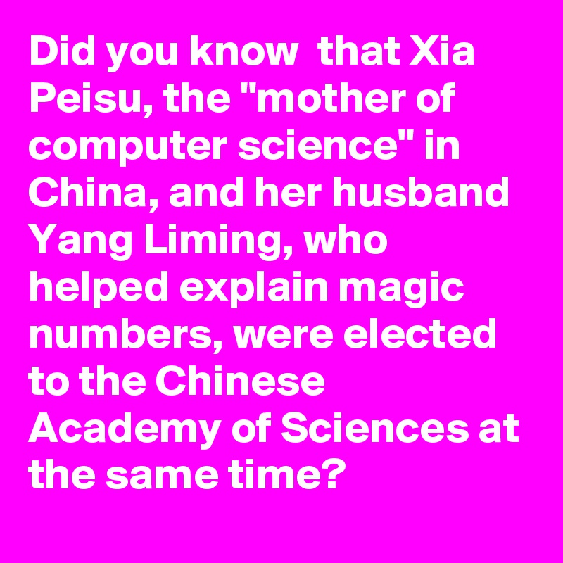 Did you know  that Xia Peisu, the "mother of computer science" in China, and her husband Yang Liming, who helped explain magic numbers, were elected to the Chinese Academy of Sciences at the same time?