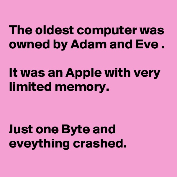 
The oldest computer was owned by Adam and Eve .

It was an Apple with very limited memory.


Just one Byte and eveything crashed.
