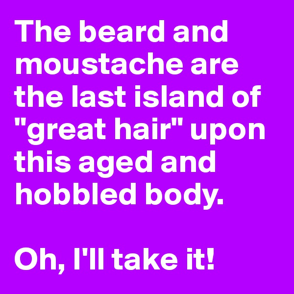 The beard and moustache are the last island of "great hair" upon this aged and hobbled body.

Oh, I'll take it!
