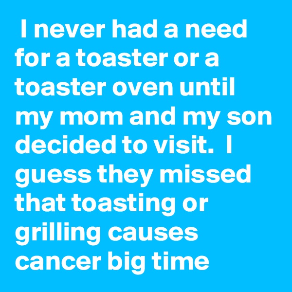  I never had a need for a toaster or a toaster oven until my mom and my son decided to visit.  I guess they missed that toasting or grilling causes cancer big time