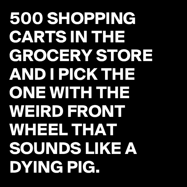 500 SHOPPING CARTS IN THE GROCERY STORE AND I PICK THE ONE WITH THE WEIRD FRONT WHEEL THAT SOUNDS LIKE A DYING PIG. 