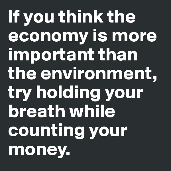 If you think the economy is more important than the environment, try holding your breath while counting your money.