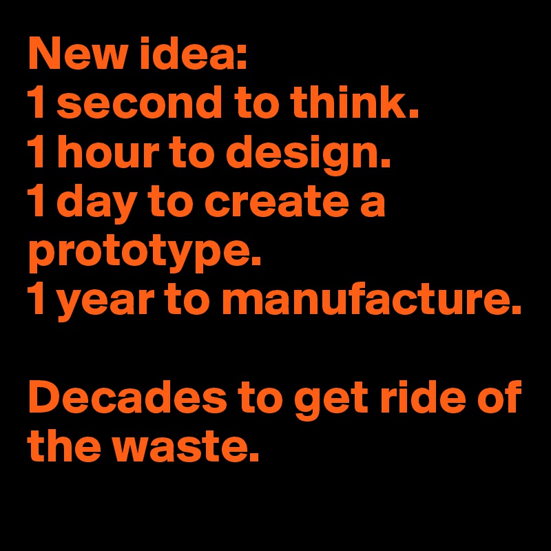 New idea:
1 second to think.
1 hour to design.
1 day to create a prototype.
1 year to manufacture.

Decades to get ride of the waste.