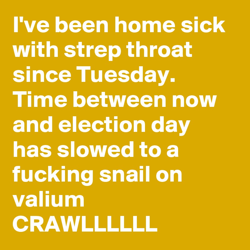 I've been home sick with strep throat since Tuesday. Time between now and election day has slowed to a fucking snail on valium CRAWLLLLLL