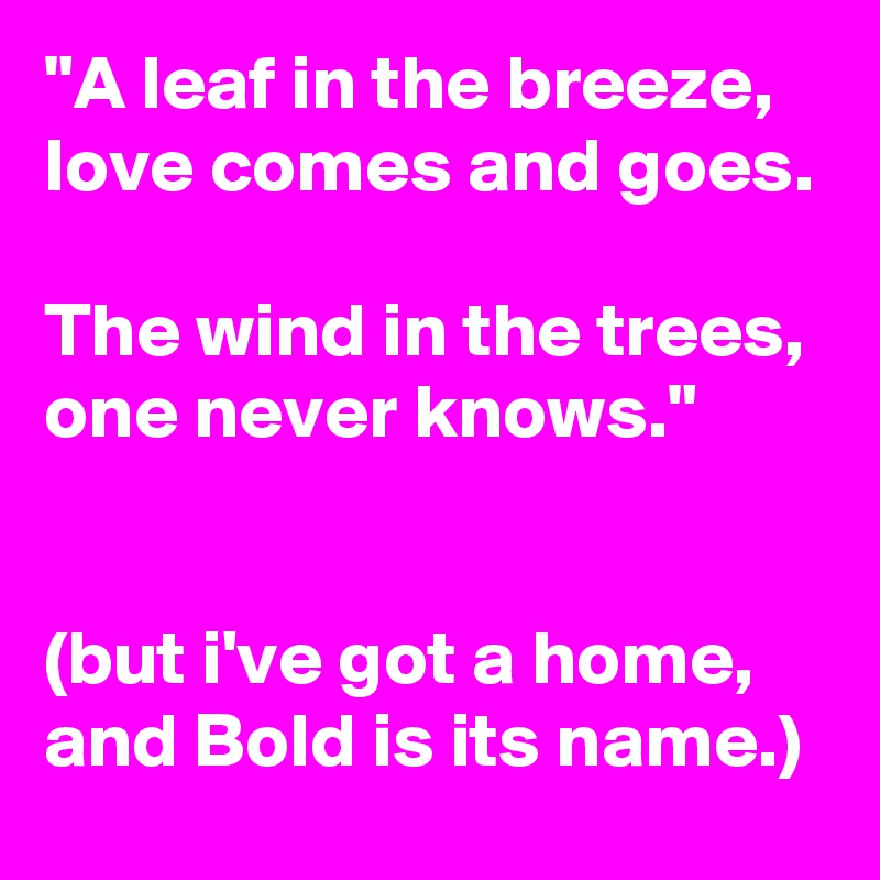 "A leaf in the breeze, love comes and goes.

The wind in the trees, one never knows."


(but i've got a home, and Bold is its name.)