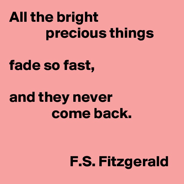 All the bright 
            precious things 

fade so fast,

and they never 
              come back.

             
                    F.S. Fitzgerald