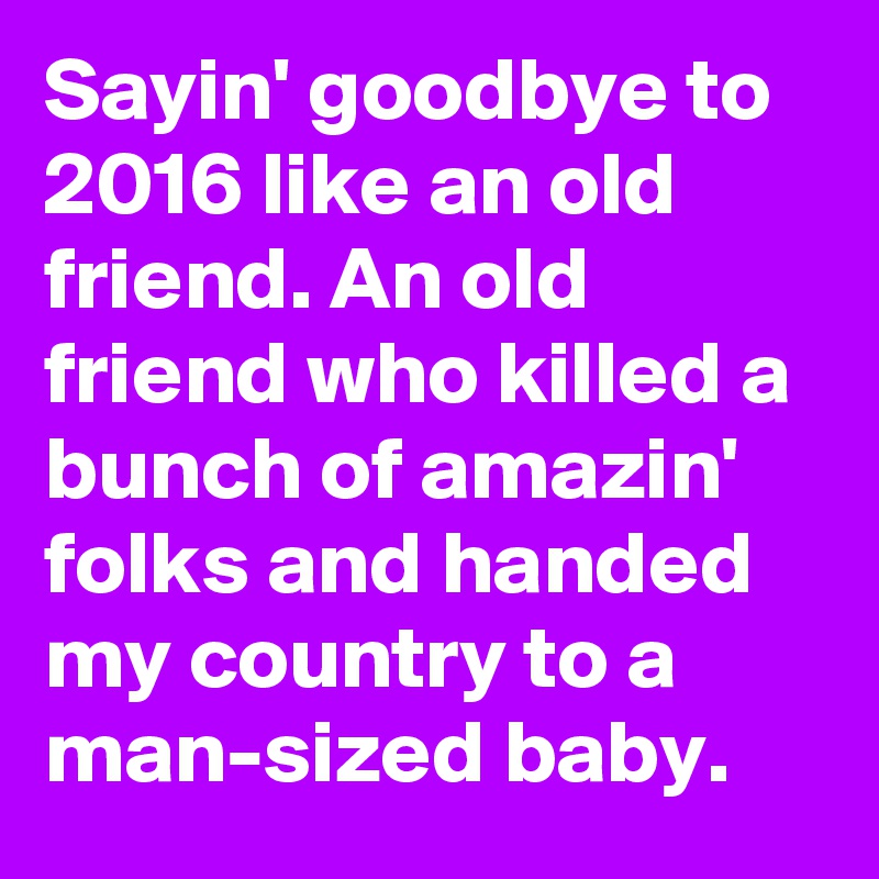 Sayin' goodbye to 2016 like an old friend. An old friend who killed a bunch of amazin' folks and handed my country to a man-sized baby.