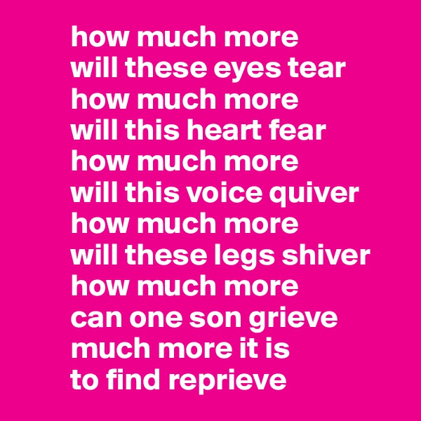         how much more 
        will these eyes tear
        how much more 
        will this heart fear
        how much more
        will this voice quiver 
        how much more 
        will these legs shiver
        how much more 
        can one son grieve
        much more it is 
        to find reprieve 