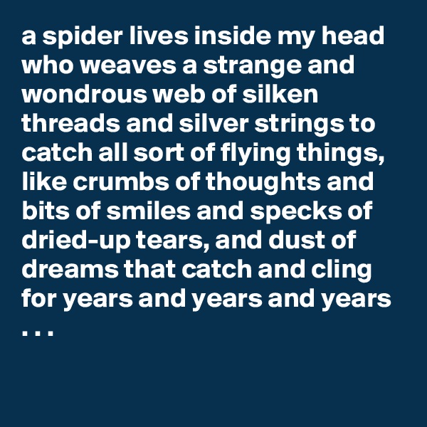 a spider lives inside my head who weaves a strange and wondrous web of silken threads and silver strings to catch all sort of flying things, like crumbs of thoughts and bits of smiles and specks of dried-up tears, and dust of dreams that catch and cling for years and years and years . . .

