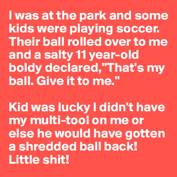 I was at the park and some kids were playing soccer. Their ball rolled over to me and a salty 11 year-old boldy declared,"That's my ball. Give it to me." 

Kid was lucky I didn't have my multi-tool on me or else he would have gotten a shredded ball back! Little shit!