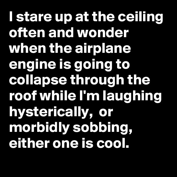 I stare up at the ceiling often and wonder when the airplane engine is going to collapse through the roof while I'm laughing hysterically,  or morbidly sobbing,  either one is cool.
