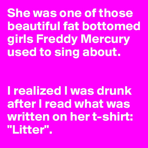 She was one of those beautiful fat bottomed girls Freddy Mercury used to sing about. 


I realized I was drunk after I read what was written on her t-shirt: "Litter".