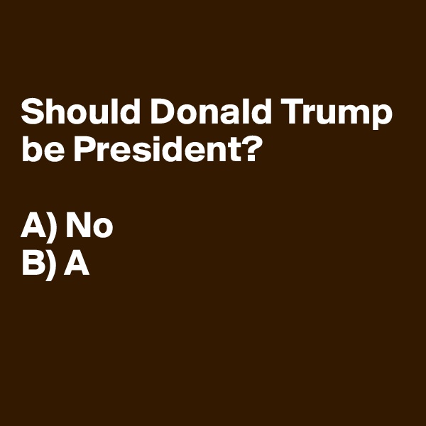 

Should Donald Trump 
be President?

A) No
B) A



