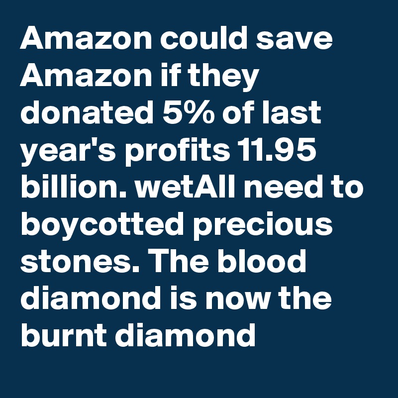 Amazon could save Amazon if they donated 5% of last year's profits 11.95 billion. wetAll need to boycotted precious stones. The blood diamond is now the burnt diamond