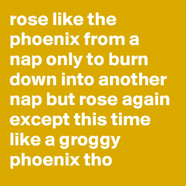 rose like the phoenix from a nap only to burn down into another nap but rose again except this time like a groggy phoenix tho