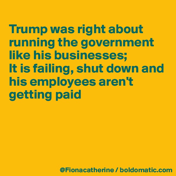 
Trump was right about running the government like his businesses;
It is failing, shut down and 
his employees aren't 
getting paid




