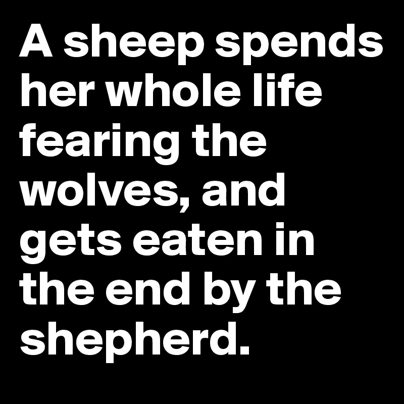 A sheep spends her whole life fearing the wolves, and gets eaten in the end by the shepherd.