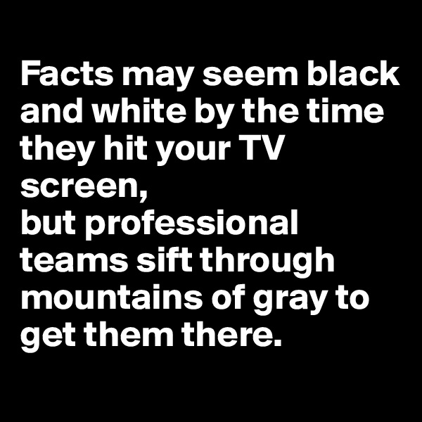 
Facts may seem black and white by the time they hit your TV screen, 
but professional teams sift through mountains of gray to get them there.
