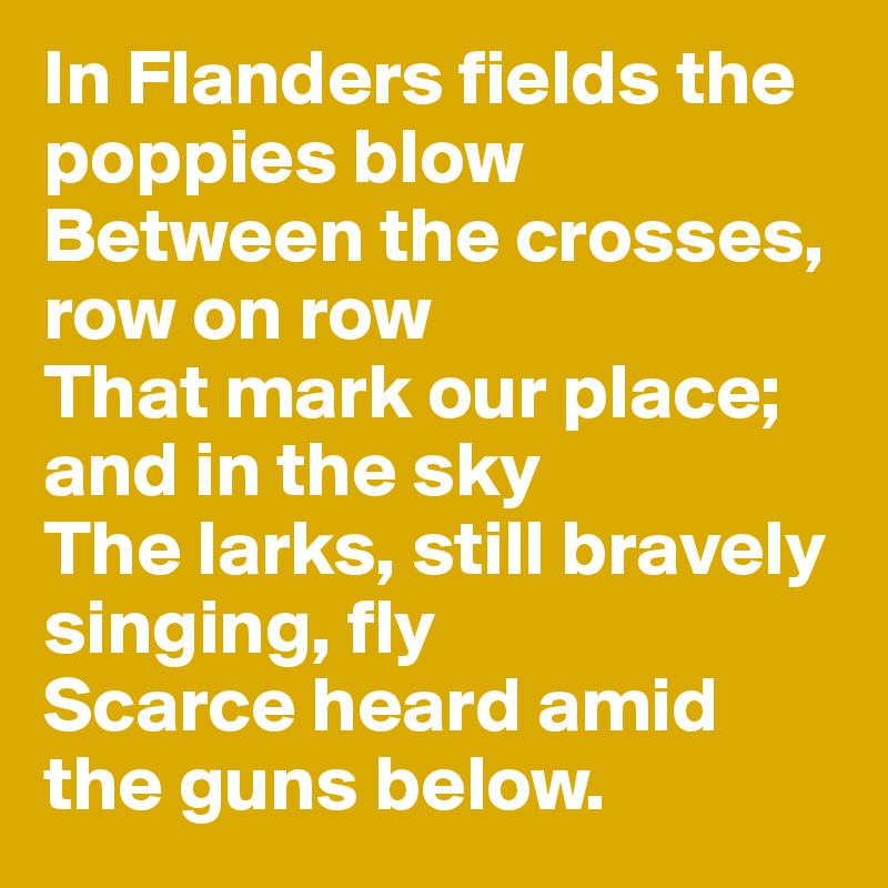 In Flanders fields the poppies blow
Between the crosses, row on row
That mark our place; and in the sky
The larks, still bravely singing, fly
Scarce heard amid the guns below.