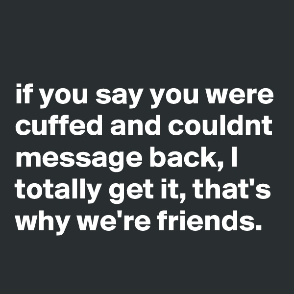 

if you say you were cuffed and couldnt message back, I totally get it, that's why we're friends.
